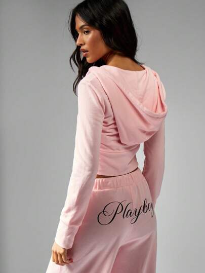 MISSGUIDED Missguided x Playboy هودي مزين بتصميم النص واسع للسحب ، ملائم للياقة البدنية والرياضة ، ملبس كاجوال عصري للرياضة واليوجا والركض