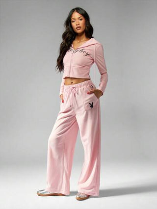 MISSGUIDED Missguided x Playboy هودي مزين بتصميم النص واسع للسحب ، ملائم للياقة البدنية والرياضة ، ملبس كاجوال عصري للرياضة واليوجا والركض