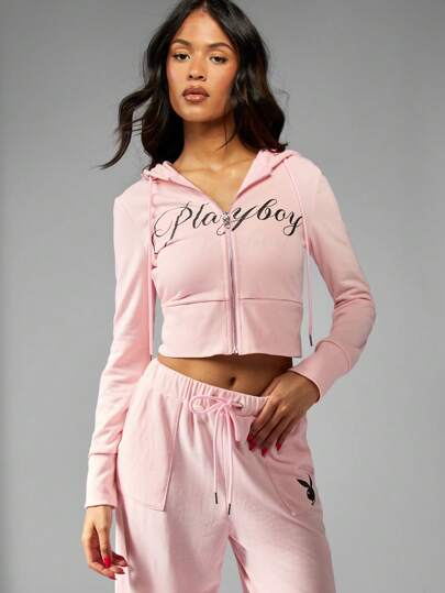 MISSGUIDED Missguided x Playboy هودي مزين بتصميم النص واسع للسحب ، ملائم للياقة البدنية والرياضة ، ملبس كاجوال عصري للرياضة واليوجا والركض