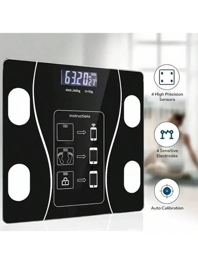 مقياس دهون الجسم الذكي، مقياس وزن رقمي، مع شاشة LED إضاءة خلفية وزجاج مقوى قوي، بحجم مدمج، دقة عالية، سهل الاستخدام، معايرة تلقائية، 12 قياس أساسي