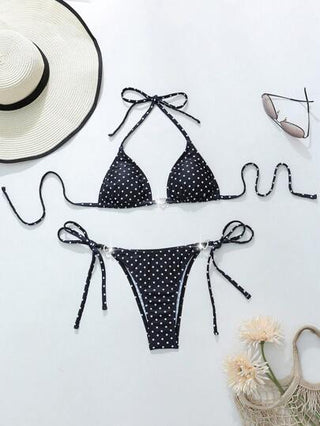 Swim Mod مجموعة بيكيني حريمي تعتبر للصيف والشاطئ، نمط بقع منقطة بيضاء وسوداء مزينة بالراين, قلب علاقة أمامية, إحتفالات الشاطئ والحفلات والعطلات ربيع/صيف