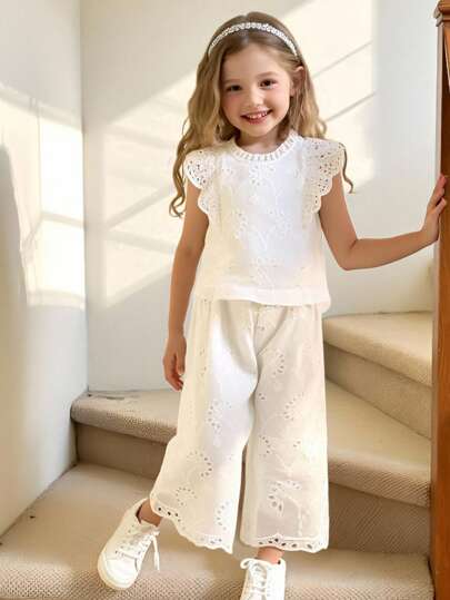 Elladie kids مجموعة قطعتين لفتاة صغيرة موديل صيفي جديد، بلوزة قطنية مطرزة بأكمام قصيرة وياقة مكسرة، بنطال قطني مستقيم الساق، ملابس عملية بطراز رجعي مناسبة للفتيات