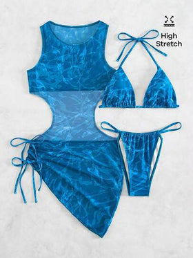 SHEIN Swim ملابس سباحة بيكيني مثلث برسن طباعة شامل مع لباس ساحلي
