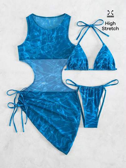 SHEIN Swim ملابس سباحة بيكيني مثلث برسن طباعة شامل مع لباس ساحلي
