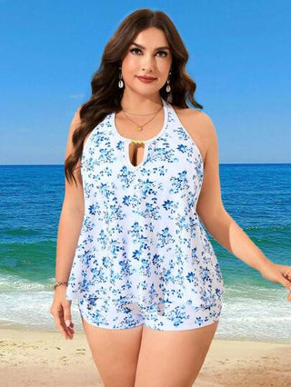 Swim Lushoire بدلة سباحة نسائية من قطعتين مع طباعة عشوائية حجم كبير، طراز كاجوال وبحري