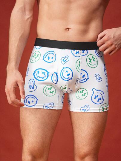 Happy Jammies السروال الداخلي المطبوع بوجه مبتسم للرجال مع خصر متباين