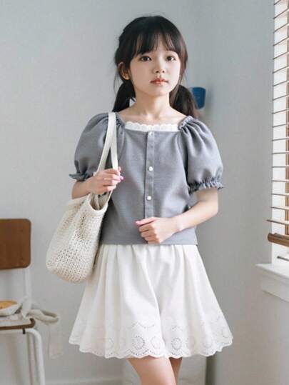 girls-sets Genkimix Kids مجموعة صيفية مكونة من تيشرت من قطعة واحدة لفتيات المراهقات بتصميم مبسط وياقة مربعة وأكمام قصيرة وتناسب الجسم، وتنورة بخصر مطاطي، من لون أحادي