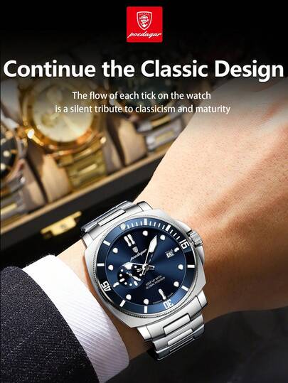 POEDAGAR ساعة رجالية فاخرة من الفولاذ المقاوم للصدأ مع تاريخ مقاوم للماء وإضاءة كوارتز، مع إطار دوار وتصميم قرص الثواني الفرعي، ساعة معصم فاخرة للرجال للمناسبات الرسمية، هدية للرجال
