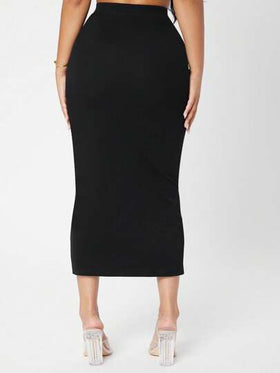 SHEIN PETITE تنورة ذات خصر عالي بلون أنيق وقصة ضيقة، مناسبة للذهاب إلى العمل