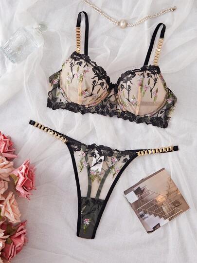 SHEIN Esselle مجموعة ملابس داخلية مثيرة للنساء 2 قطعة (صدرية وسراويل) مطرزة بالورود على حرير مع سلسلة زخرفية