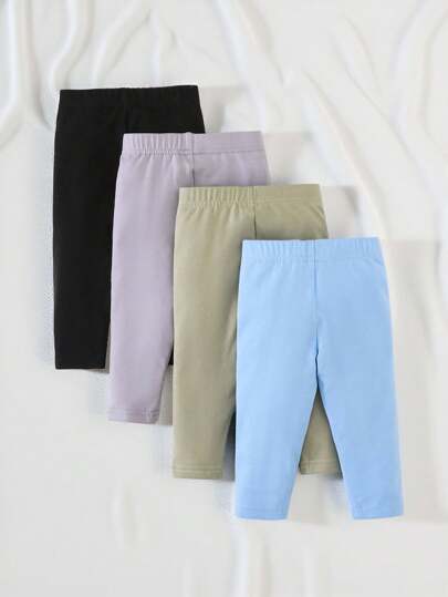 SHEIN Vintaside Kids 4 قطع/حزمة، بنطلونات ليغنز للأطفال حديثي الولادة والرضع من 1 إلى 24 شهرًا، ألوان سادة مناسبة للاستخدام اليومي، حزمة مكونات متعددة الاستخدامات، مناسبة لجميع الفصول 
