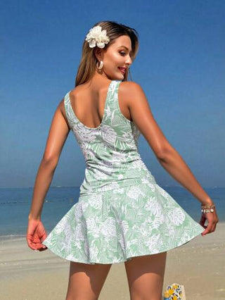 طقم تانكيني حريمي Swim Lushoire مجموعة 3 قطع للنساء بتصميم طبعات النباتات الاستوائية، توب كروب ذو حمالات رفيعة طويل، قطعة سفلية شكل ترايانجل خصر عالي و تنورة سباحة