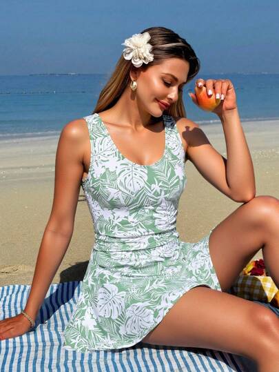 طقم تانكيني حريمي Swim Lushoire مجموعة 3 قطع للنساء بتصميم طبعات النباتات الاستوائية، توب كروب ذو حمالات رفيعة طويل، قطعة سفلية شكل ترايانجل خصر عالي و تنورة سباحة