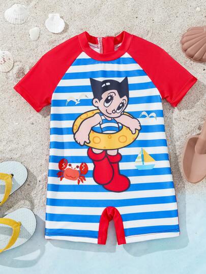 مايوه أولادي Astro Boy X  بدلة سباحة قصيرة الأكمام للأطفال البنين بألوان وخطوط مع رسوم كرتونية