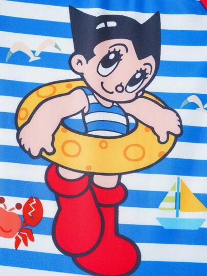 مايوه أولادي Astro Boy X  بدلة سباحة قصيرة الأكمام للأطفال البنين بألوان وخطوط مع رسوم كرتونية