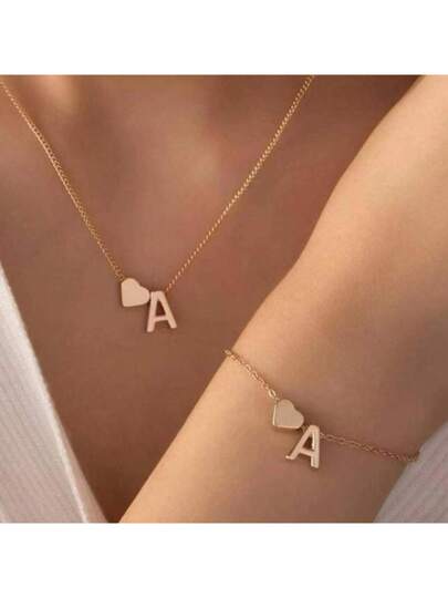 1 قلادة + 1 سوار، طقم مجوهرات بسيط للنساء، تصميم على شكل حرف وقلب، يمكن اختيار الحرف المناسب، إكسسوارات للإطلالة اليومية أو الحفلات