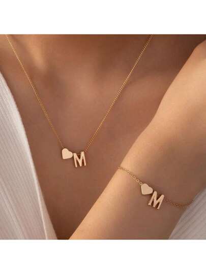 1 قلادة + 1 سوار، طقم مجوهرات بسيط للنساء، تصميم على شكل حرف وقلب، يمكن اختيار الحرف المناسب، إكسسوارات للإطلالة اليومية أو الحفلات