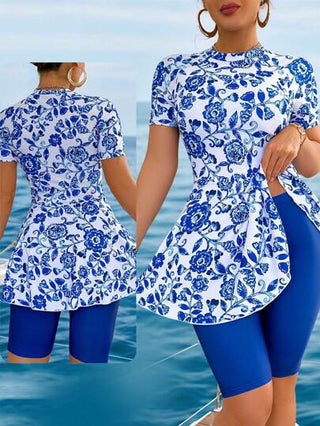 طقم تانكيني حريمي Swim Mulvari ثوب سباحة بحزام رفيع و تنورة قصيرة مطبوعة بنمط زهري ملوّن باللونين الأزرق والأبيض، طقم أنيق وعصري للربيع والصيف للشاطىء والحفلات