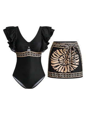 Swim Oasis مجموعة ملابس شاطئ نسائية ربيع/صيف 2025، بدلة سباحة من قطعة واحدة بطبعة أصداف سوداء مكشكشة + تنورة قصيرة