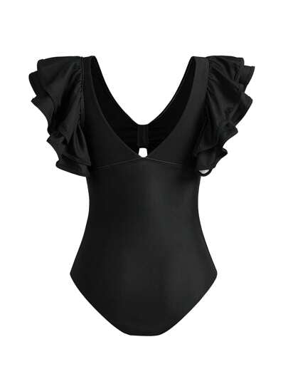 Swim Oasis مجموعة ملابس شاطئ نسائية ربيع/صيف 2025، بدلة سباحة من قطعة واحدة بطبعة أصداف سوداء مكشكشة + تنورة قصيرة