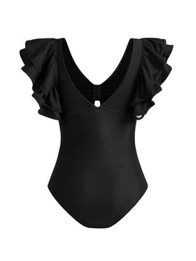 Swim Oasis مجموعة ملابس شاطئ نسائية ربيع/صيف 2025، بدلة سباحة من قطعة واحدة بطبعة أصداف سوداء مكشكشة + تنورة قصيرة
