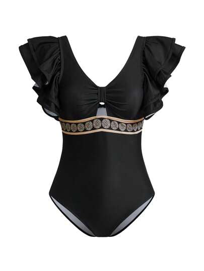 Swim Oasis مجموعة ملابس شاطئ نسائية ربيع/صيف 2025، بدلة سباحة من قطعة واحدة بطبعة أصداف سوداء مكشكشة + تنورة قصيرة