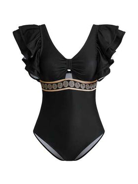 Swim Oasis مجموعة ملابس شاطئ نسائية ربيع/صيف 2025، بدلة سباحة من قطعة واحدة بطبعة أصداف سوداء مكشكشة + تنورة قصيرة
