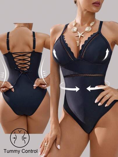 مايوه حريمي قطعة واحدة Shapewave حلة سباحة من قطعة واحدة منقوشة بالدانتيل للنساء، مرفوعة للأعلى، مراقبة البطن، لون أسود، رسمية وعصرية، مناسبة للربيع والصيف والعطلات والشاطئ والحفلات