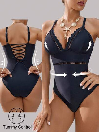 مايوه حريمي قطعة واحدة Shapewave حلة سباحة من قطعة واحدة منقوشة بالدانتيل للنساء، مرفوعة للأعلى، مراقبة البطن، لون أسود، رسمية وعصرية، مناسبة للربيع والصيف والعطلات والشاطئ والحفلات