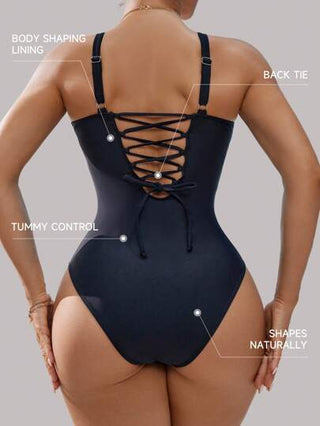 مايوه حريمي قطعة واحدة Shapewave حلة سباحة من قطعة واحدة منقوشة بالدانتيل للنساء، مرفوعة للأعلى، مراقبة البطن، لون أسود، رسمية وعصرية، مناسبة للربيع والصيف والعطلات والشاطئ والحفلات