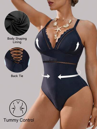 مايوه حريمي قطعة واحدة Shapewave حلة سباحة من قطعة واحدة منقوشة بالدانتيل للنساء، مرفوعة للأعلى، مراقبة البطن، لون أسود، رسمية وعصرية، مناسبة للربيع والصيف والعطلات والشاطئ والحفلات