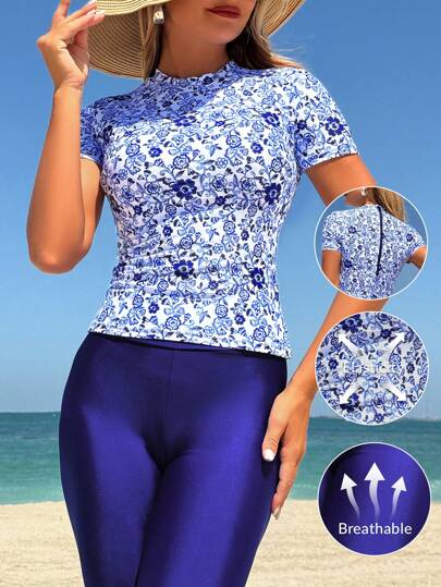 طقم تانكيني حريمي Swim Mulvari طقم قصير بأعلى وشورت مطبوع بطبعة بيزلي بوهيمي أزرق، بيكيني رياضي محافظ أنيق للشاطئ، لحفلات الشاطئ وركوب الأمواج في الربيع والصيف