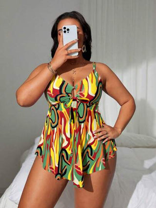 Swim Lushoire مجموعة تانكيني مطبوعة عشوائية وتنورة سباحة بمقاسات كبيرة للسيدات ، أسلوب منتجع عصري وكاجوال،2 قطعة