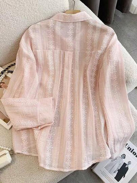 بلوزة نسائية أنيقة كاجوال مطرزة بالجاكار باللون الوردي للربيع