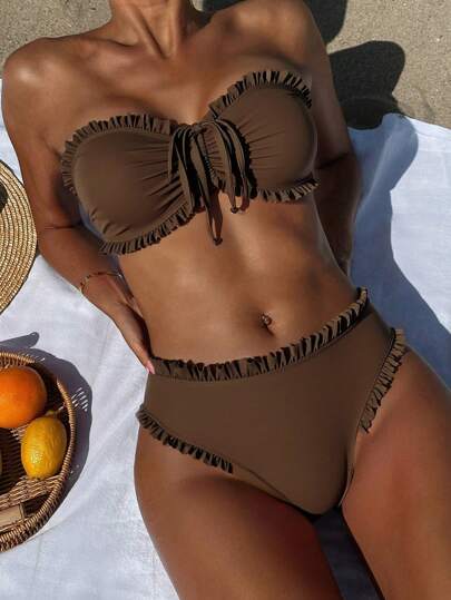 طقم تانكيني حريمي Swim Vcay بكيني أنيق للبنات ذو قصة صلبة وحزام شباك وكشكشة للاستخدام الكاجوال على شاطئ البحر في فصل الصيف، ملابس سباحة تانكيني للسيدات