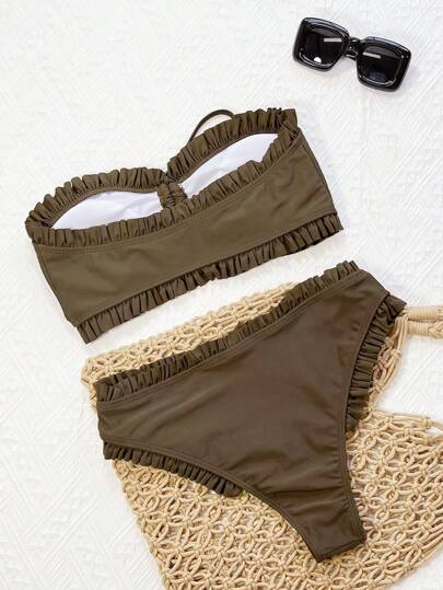 طقم تانكيني حريمي Swim Vcay بكيني أنيق للبنات ذو قصة صلبة وحزام شباك وكشكشة للاستخدام الكاجوال على شاطئ البحر في فصل الصيف، ملابس سباحة تانكيني للسيدات