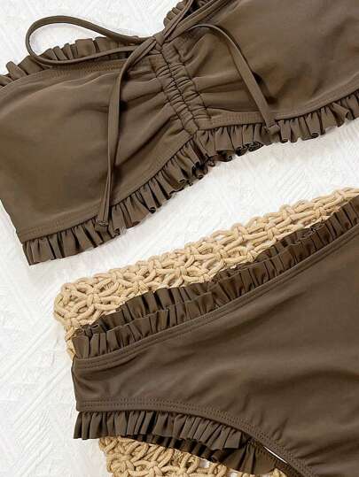 طقم تانكيني حريمي Swim Vcay بكيني أنيق للبنات ذو قصة صلبة وحزام شباك وكشكشة للاستخدام الكاجوال على شاطئ البحر في فصل الصيف، ملابس سباحة تانكيني للسيدات