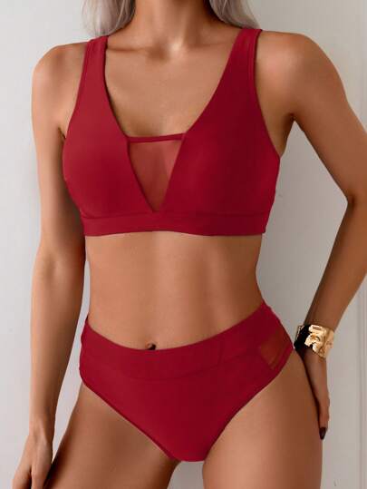 Swim Basics مجموعتان من ملابس السباحة النسائية للصيف ذات موحد اللون بقماش الشبك الأدنى والتصميم البسيط