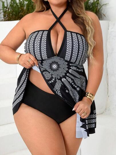 SHEIN CURVE+ بدلة سباحة من نوع تانكيني بطبعات نباتية مع أربطة متقاطعة مناسبة للمرأة ذات المقاسات الكبيرة ، مناسبة للاستخدام في شاطئ الصيف والعطلات
