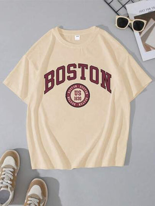 ملابس بناتي تيشيرت أكمام قصيرة للبنات المراهقات مطبوع عليه حرف "BOSTON"، فضفاض، مثالي للطالبات للارتداء اليومي، خيار رائع للربيع والصيف