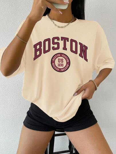 ملابس بناتي تيشيرت أكمام قصيرة للبنات المراهقات مطبوع عليه حرف "BOSTON"، فضفاض، مثالي للطالبات للارتداء اليومي، خيار رائع للربيع والصيف