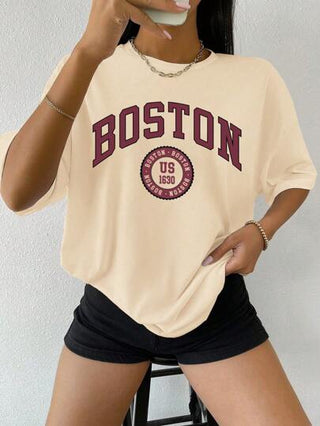ملابس بناتي تيشيرت أكمام قصيرة للبنات المراهقات مطبوع عليه حرف "BOSTON"، فضفاض، مثالي للطالبات للارتداء اليومي، خيار رائع للربيع والصيف