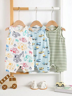 SHEIN مجموعة 3 قطع من رومبر الأطفال الرضع الأولاد الكاجوال الكارتوني والمخطط ، مجموعة صيفية أساسية متعددة الحزمة