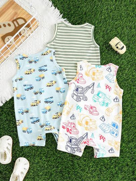 SHEIN مجموعة 3 قطع من رومبر الأطفال الرضع الأولاد الكاجوال الكارتوني والمخطط ، مجموعة صيفية أساسية متعددة الحزمة