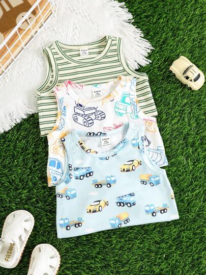 SHEIN مجموعة 3 قطع من رومبر الأطفال الرضع الأولاد الكاجوال الكارتوني والمخطط ، مجموعة صيفية أساسية متعددة الحزمة