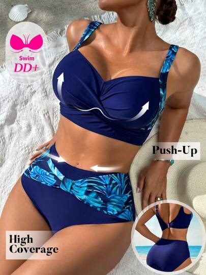 طقم تانكيني حريمي Swim DD+ بكيني للنساء مطبوع بالنباتات ذو أربطة متشابكة، مناسب لارتداء في الشاطئ والصيف