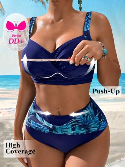 طقم تانكيني حريمي Swim DD+ بكيني للنساء مطبوع بالنباتات ذو أربطة متشابكة، مناسب لارتداء في الشاطئ والصيف