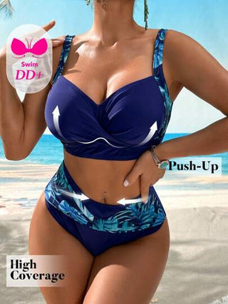 طقم تانكيني حريمي Swim DD+ بكيني للنساء مطبوع بالنباتات ذو أربطة متشابكة، مناسب لارتداء في الشاطئ والصيف