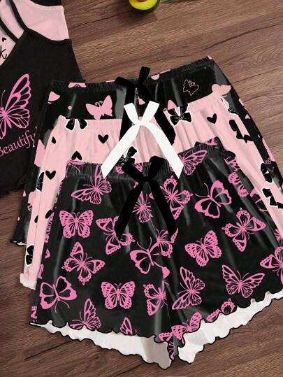 SHEIN 3 قطع/مجموعة بيجامة مكونة من بلوزة كارتونية وشورت