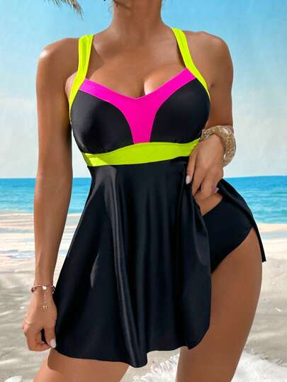 طقم تانكيني حريمي Swim Lushoire بدلة سباحة تنكيني للنساء، ذات لون متباين، بدون أكمام، صيفية